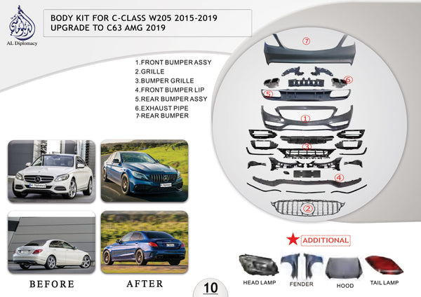 B.10 BODYKIT FOR C CLASS W205 2015-2019 UPGRADE TO C63 AMG 2019 for Mercedes-Benz C Class W205 (2015-2021) models