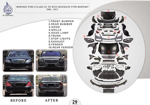 B.29 BODYKIT FOR S CLASS 221 TO W222 MAYBACH TYPE BODYKIT 2006-2013 for Mercedes-Benz S Class W222 (2014-2020) models