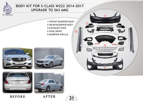 B.31 BODYKIT FOR S CLASS W222 2014-2017 UPGRADE TO S63 AMG for Mercedes-Benz S Class W222 (2014-2020) models