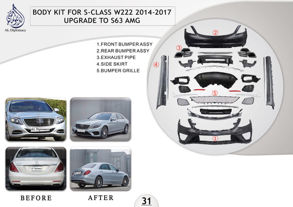 B.31 BODYKIT FOR S CLASS W222 2014-2017 UPGRADE TO S63 AMG for Mercedes-Benz S Class W222 (2014-2020) models