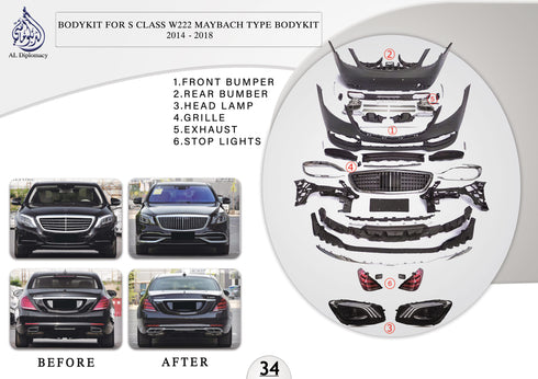 B.34 BODYKIT FOR S CLASS W222 MAYBACH TYPE BODYKIT 2014-2018 for Mercedes-Benz S Class W222 (2014-2020) models