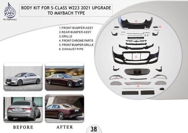 B.38 BODYKIT FOR S CLASS W223 2021 UPGRADE TO MAYBACH TYPE for Mercedes-Benz S Class W223 (2020-2023) models