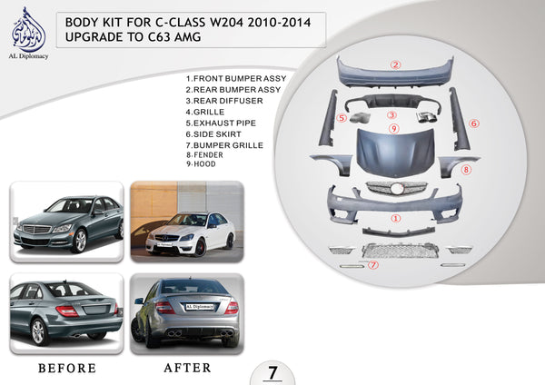 A.7 BODYKIT FOR C CLASS W204 2010-2014 UPGRADE TO C63 AMG for Mercedes-Benz C Class W204 (2007-2015) models