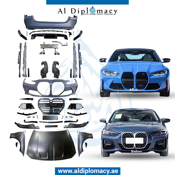 Front Rear G22 M4 WIDE BODYKIT 2020 UP SIDE EXHAUST LOOK Complete. Bumper, Bumper, Hood, Fender, SIDE Skirt, AND EXHAUST for BMW 4 Series G22 (2024) models, Part Number T-G22 M4 WIDE BODYKIT-2020-UP-MIDDLE-CO