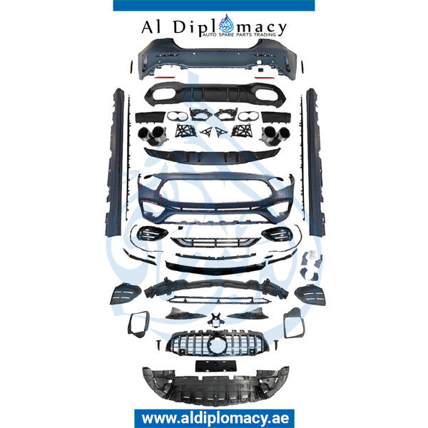 Front Rear W177 BODYKIT A45 SEDAN 2019 UP Complete. Bumper, Bumper, SIDE Skirt, Grille, AND EXHAUST for Mercedes-Benz A Class W177 (2018-2020) models, Part Number T-W177-A45 SEDAN BODYKIT-2019 UP-CO