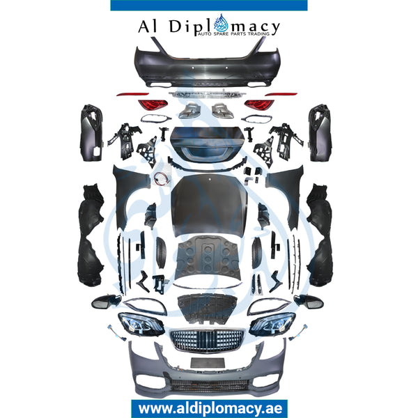Front Rear W221 CHANGE TO W222 MAYBACH 2020 Bodykit. Bumper, Bumper, Hood, Fender, Headlight, Stoplight, TRUNK Lid, Mirror, AND EXHAUST for Mercedes-Benz S Class W221 (2006-2013) models, Part Number T-W221-MAYBACH W222 LOOK 2020 BKIT-FIT 2006-UP-CO