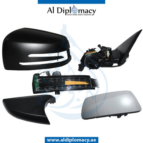 Left Mirror, WITH Glass, Cover, AND Lamp, COMPLETE for Mercedes-Benz GLK Class X204 (2010-2015) models, Part Number T-2048106376-CO