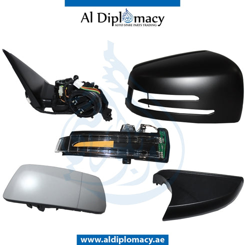 Right Mirror, WITH Glass, Cover, AND Lamp, COMPLETE for Mercedes-Benz GLK Class X204 (2010-2015) models, Part Number T-2048106476-CO