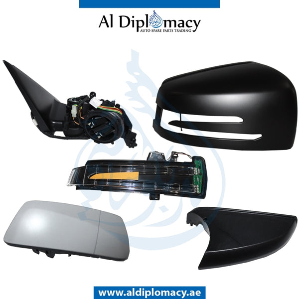 Right Mirror, WITH Glass, Cover, AND Lamp, COMPLETE for Mercedes-Benz GLK Class X204 (2010-2015) models, Part Number T-2048106476-CO