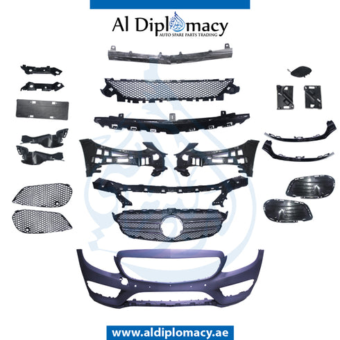 Front Bumper, WITH SENSOR Hole, AND SHOW Grille, Amg, COMPLETE for Mercedes-Benz C Class W205 (2015-2021) models, Part Number T-205FB(AMG)+S WITH GRILLE-CO-CN