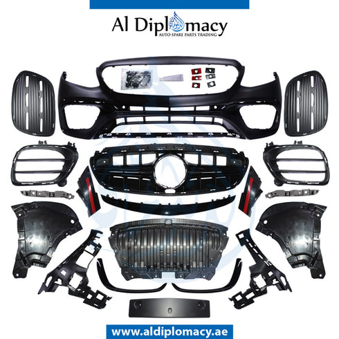 Front Bumper, WITH SENSOR Hole, AND SHOW Grille, 63 Style, COMPLETE for Mercedes-Benz E Class W213 (2017-2023) models, Part Number T-213FB 2016 (63)+S W/GRILLE