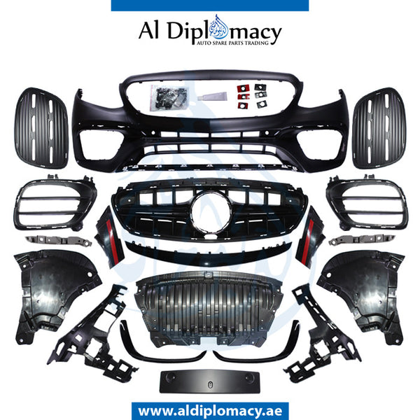 Front Bumper, WITH SENSOR Hole, AND SHOW Grille, 63 Style, COMPLETE for Mercedes-Benz E Class W213 (2017-2023) models, Part Number T-213FB 2016 (63)+S W/GRILLE