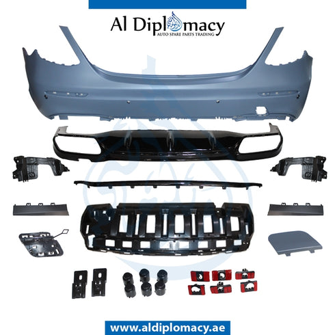 Rear Bumper, WITH SENSOR Hole, 63 Style, COMPLETE for Mercedes-Benz E Class W213 (2017-2023) models, Part Number T-213RB 2016(63)+S