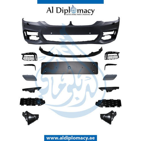 Front Bumper, WITH SENSOR AND WIPER Hole, M PERFORMANCE Look, COMPLETE for BMW 5 Series G30 (2016-2020) models, Part Number T-51118069075-PERFORMANCE-CO