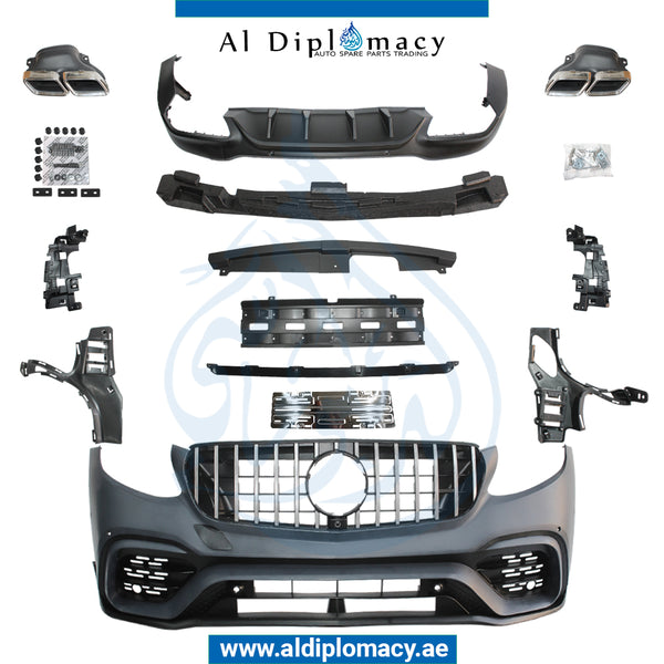 Front Rear X253 GLC 63 AMG GLC CLASS X253 2018 LOOK FIT 2015-2018. Bumper, Diffuser, AND EXHAUST for Mercedes-Benz GLC Class W253 (2015-2022) models, Part Number T-W253-GLC 63 2018 STYLE BODYKIT-2015-CO