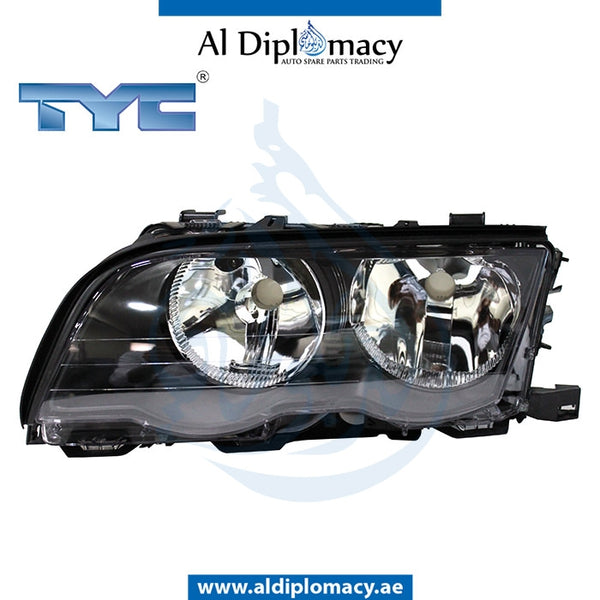 Left Headlight, Normal, BLACK for BMW 3 Series E46 (1998-2005) models, Part Number TYC-63126902745