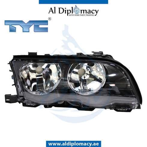 Right Headlight, Normal, BLACK for BMW 3 Series E46 (1998-2005) models, Part Number TYC-63126902746