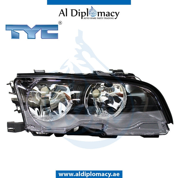 Right Headlight, Normal, BLACK for BMW 3 Series E46 (1998-2005) models, Part Number TYC-63126904276