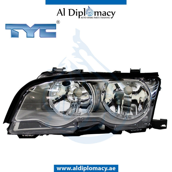 Left Headlight, Normal, Silver, WITH MOTOR for BMW 3 Series E46 (1998-2005) models, Part Number TYC-63126919627