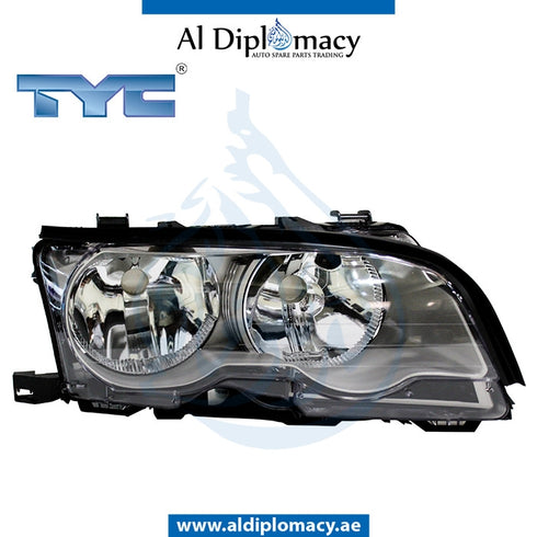 Right Headlight, Normal, Silver, WITH MOTOR for BMW 3 Series E46 (1998-2005) models, Part Number TYC-63126919628