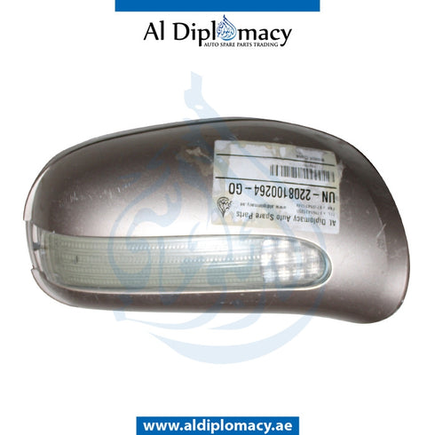 Right Mirror Cover, WITH Lamp, GOLD for Mercedes-Benz S Class W215 (1999-2005) models, Part Number UN-2208100264-GO